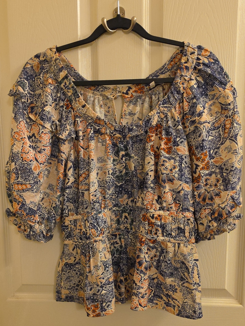 Moon River Boho Paisley Floral Peasant Blouse Navy Cream Pink L